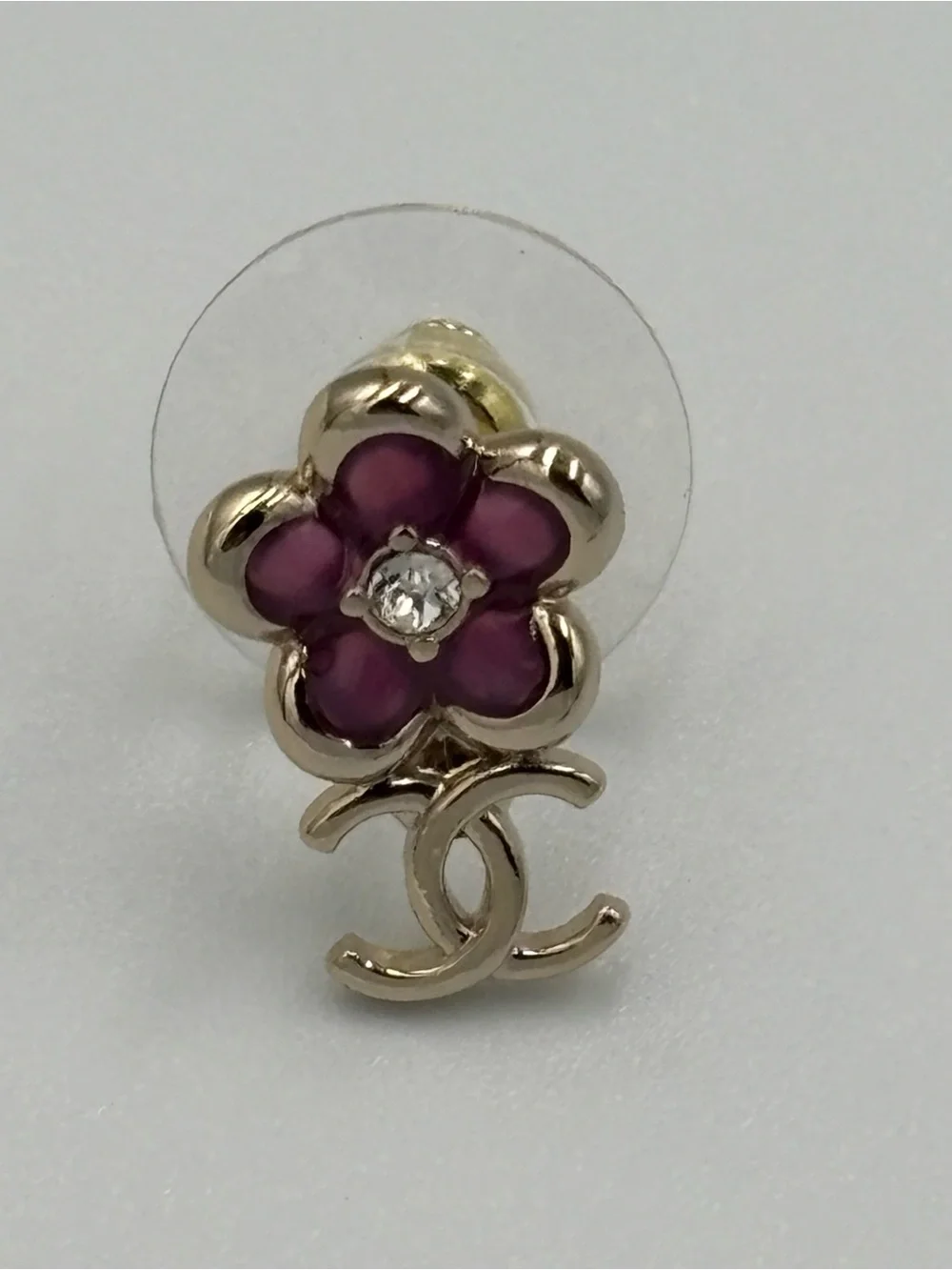 Chanel CC Gold Tone Pink Enamel Camellia Flower Crystal Stud Earrings - Picture 4 of 5